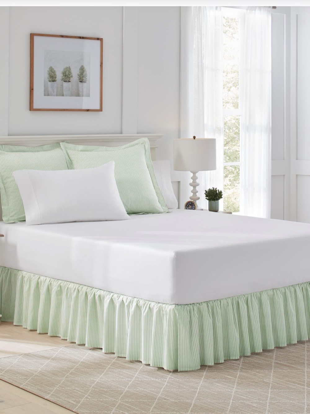 Laura Ashley Classic Cotton Ruffled BedSkirt Ticking Stripe Green-QUEEN